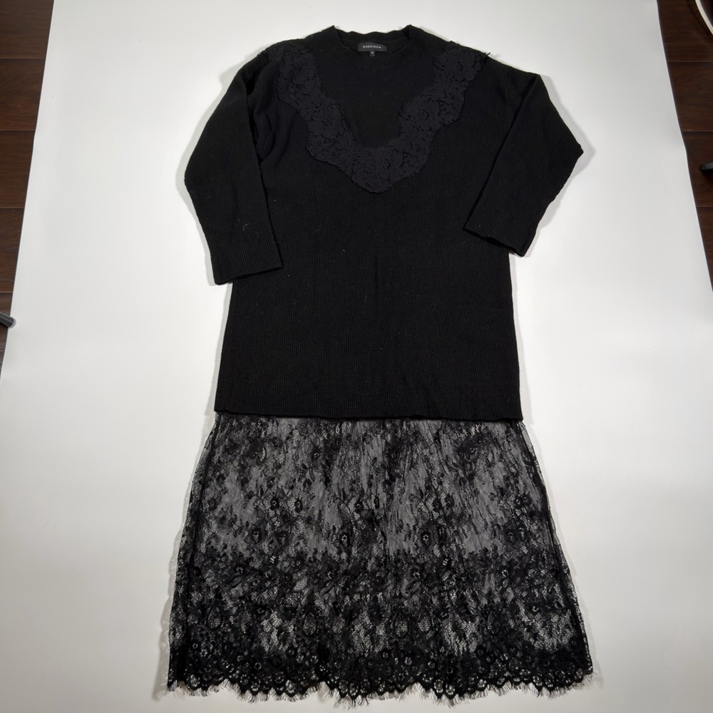 Madeinam Women's Elegant Black Lace Long Sleeve Sweater Dress Size Small
